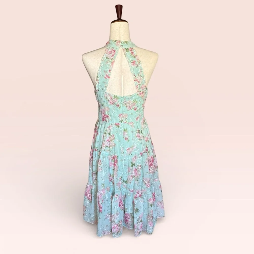 New Eliza J Dress Mint Green Floral Eyelet Halter Dress Size 8 - Picture 5 of 13